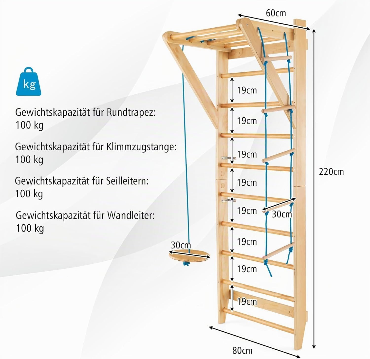 FANTASK Kletterwand Turnwand Holz, Indoor Outdoor Sprossenwand Klettergerüst, Gym Sportgerät, Tragfähigkeit von 100 kg, Natur