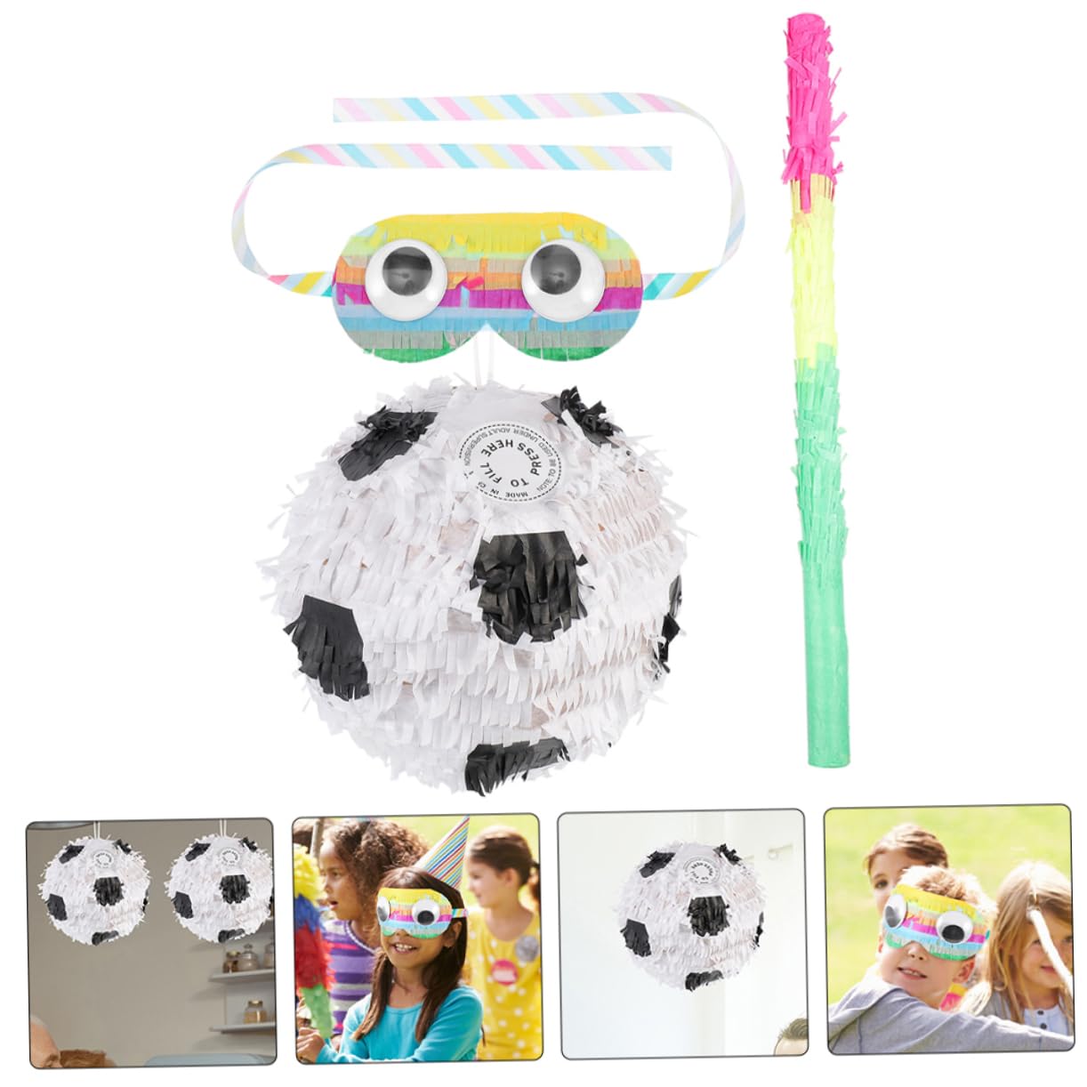 Piñata Compleanno a Forma di Pallone da Calcio in Carta con Bastone e Benda, Decorazione Creativa per Festa e Carnevale, Set 3 Pezzi per Giochi Divertenti