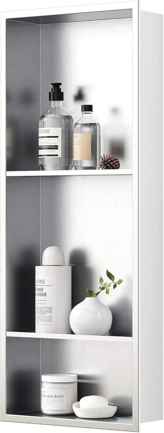 Neodrain 30X12 Inch Brushed Three Layers Stainless Steel Shower Niche, NO Tile Needed Recessed Niche Shelf for Bathroom Storage, 3-Tier Recessed Built-in Wall Niche 12X30In Brushed