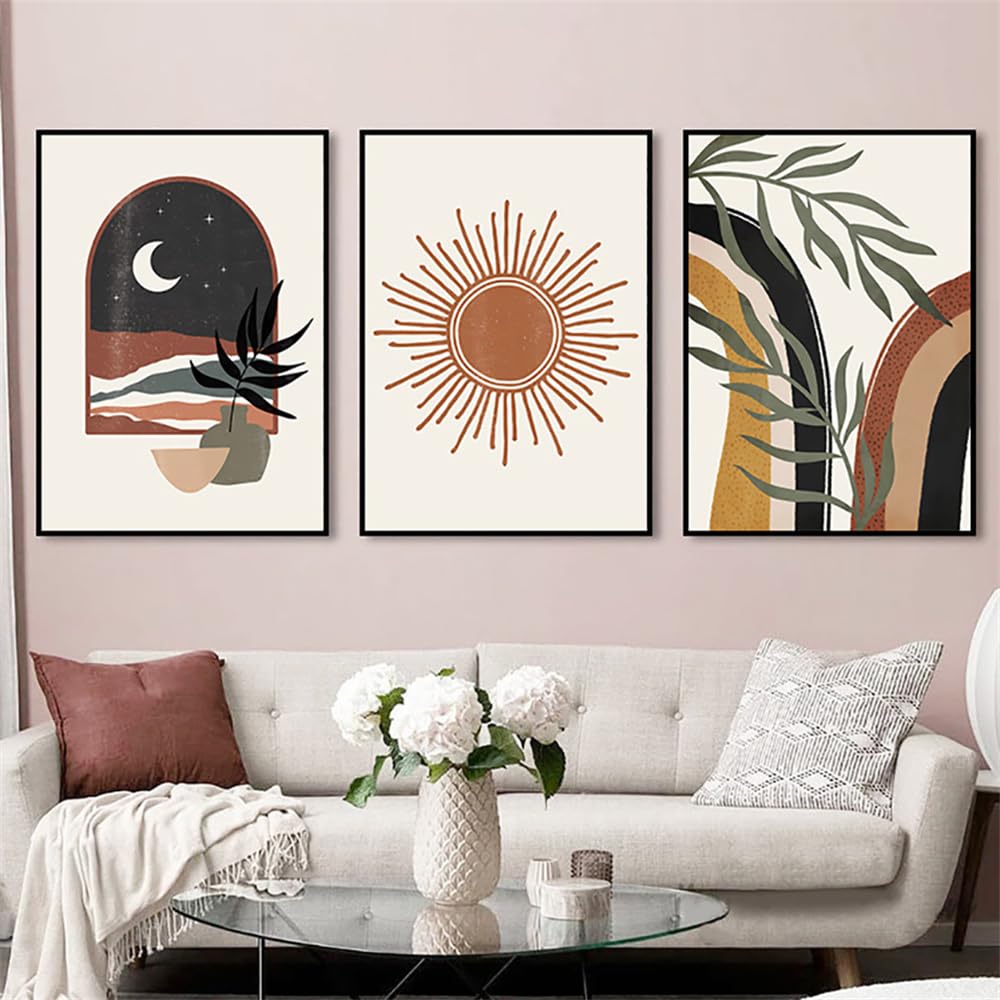 WBYZAC Botanical Posters-Boho Abstract Sun Moon Rainbow Leaves Nordic Posters and Prints Wall Art Canvas Painting Indoor Room Bedroom Kitchen Home Decoration-60 * 70cm*3PCS (No Frame)