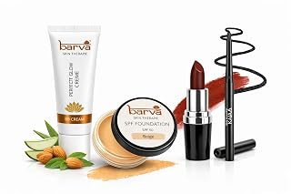 Barva Simple Makeover Kit – Ghee Enriched Makeup Combo | BB Cream 10ml, Kajal, Beige Foundation & Lipstick (Passion 504) | Complete Makeup Kit for Women | Daily & Travel Use