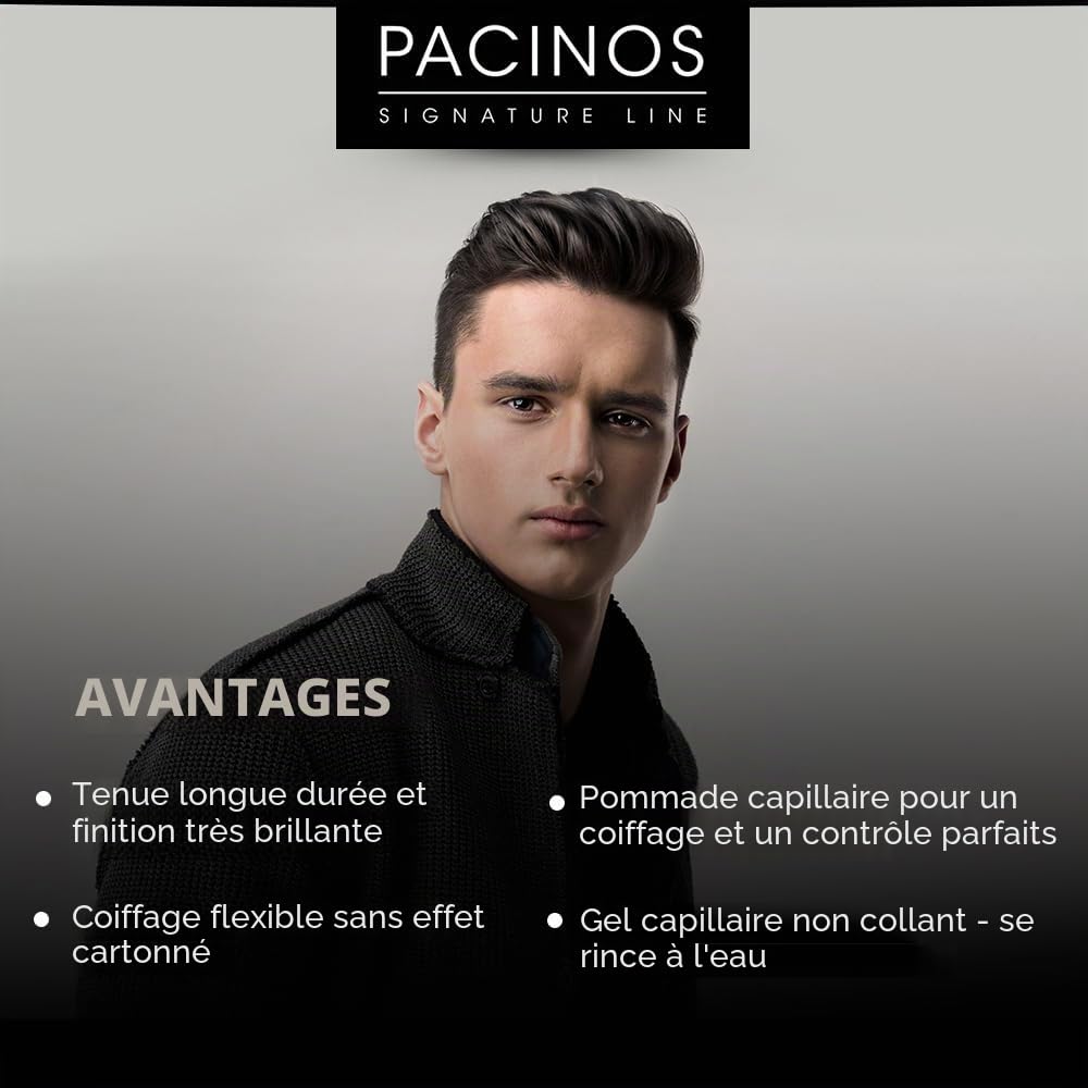 Pacinos Pommade élégante – Tenue et brillance supplémentaires – Définition longue durée – Formule soluble dans l'eau – Facile à appliquer et à laver