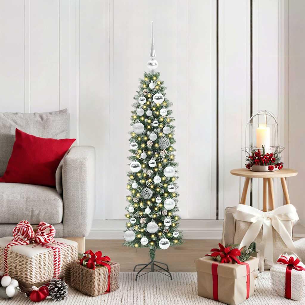 Albero di Natale artificiale sottile verde e bianco alto 120 cm con 150 luci LED bianco caldo, 8 modalità, punte in PVC per interni, decorazione festiva