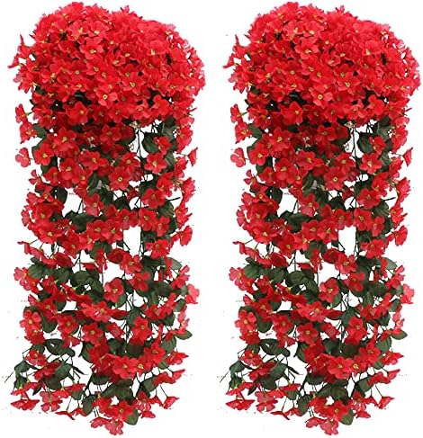 Orumrud 2 Pack Artificial Hanging Plants Vines Rose Flowers Plastic Fake Greenery Drooping Plants Indoor Outdoor Wall Home Garden Wedding Garland Decoration Red