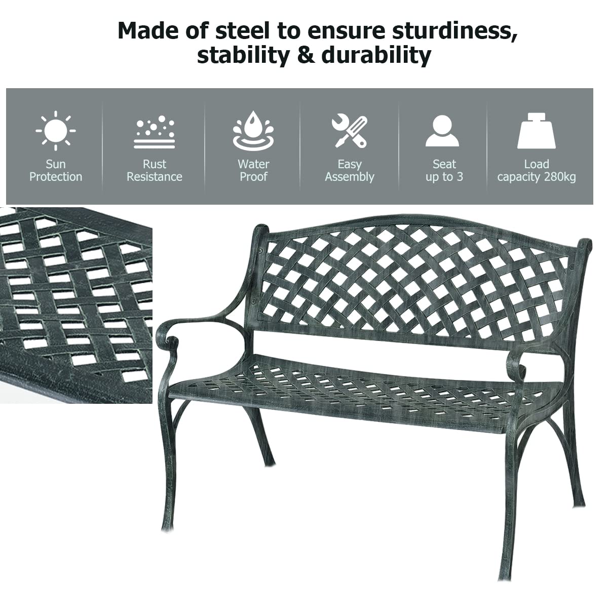 KOMFOTTEU Banco de Jardín de 2 Plazas, Banco de Parque de Aluminio con Carga de 280 kg, Asiento para Exterior con Respaldo Alto y Reposabrazos, para Balcón, Patio, 103 x 60 x 83 cm