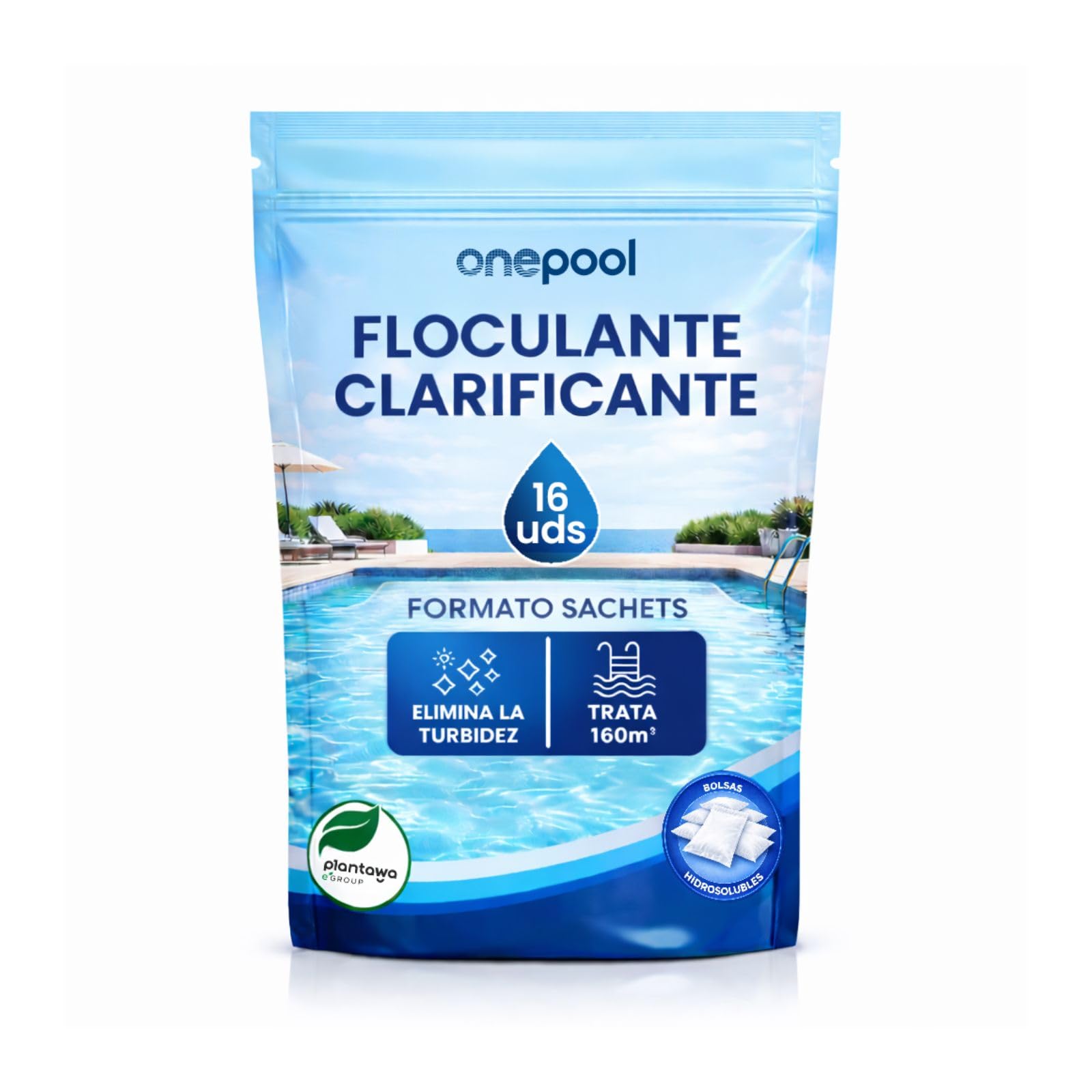 PLANTAWA Flocculante in polvere 16 bustine | Flocculante Chiarificante per Piscine, Equivale 2KG, Eliminatore Turbidità, con Ingredienti Origine Naturale, Vegano, Tutti i Tipi Piscine, SPA