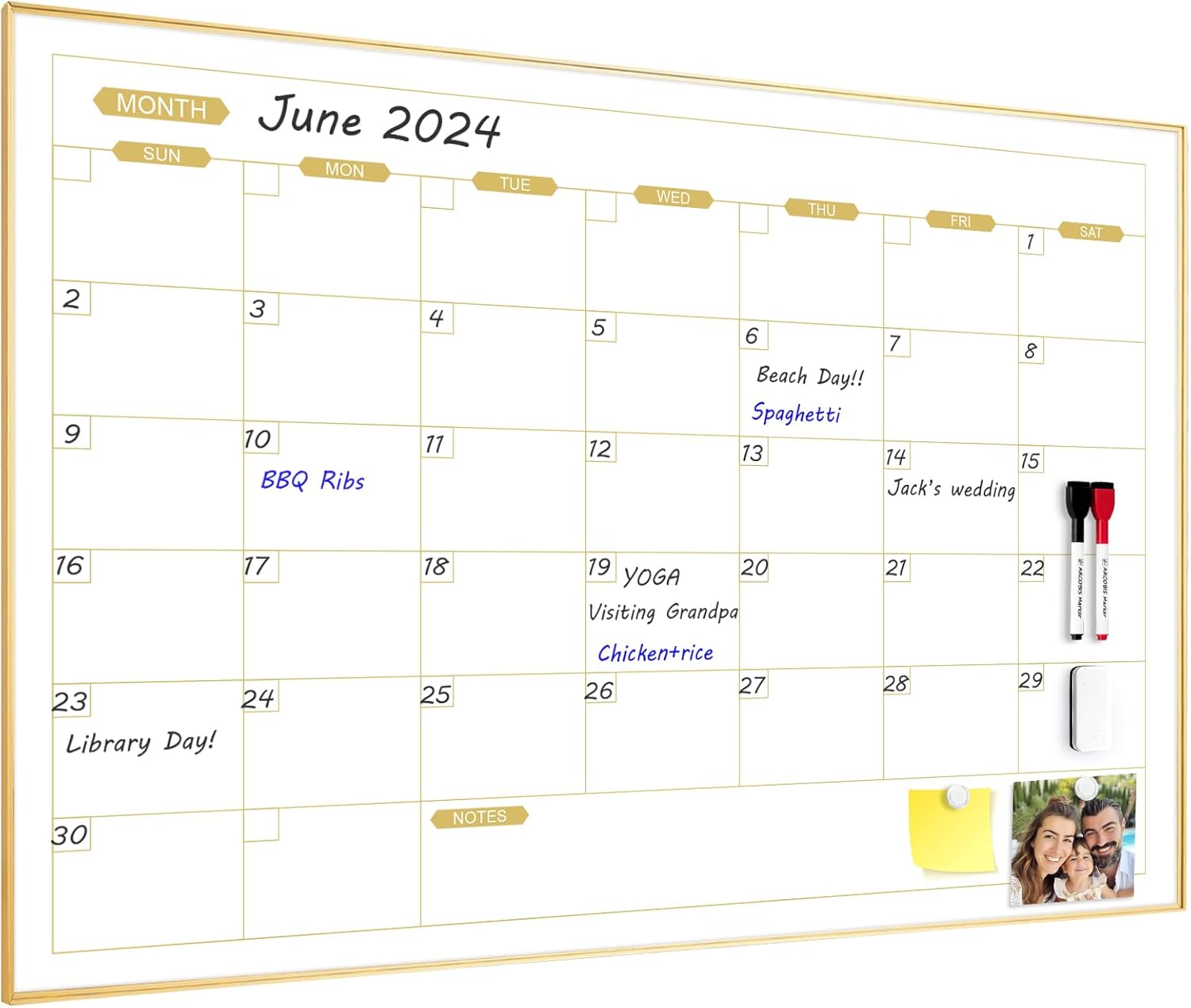 ARCOBIS Monthly Calendar Whiteboard, 36" x 24" Magnetic Dry Erase Calendar with Gold Frame, Wall Planner Board for Home, Office, School