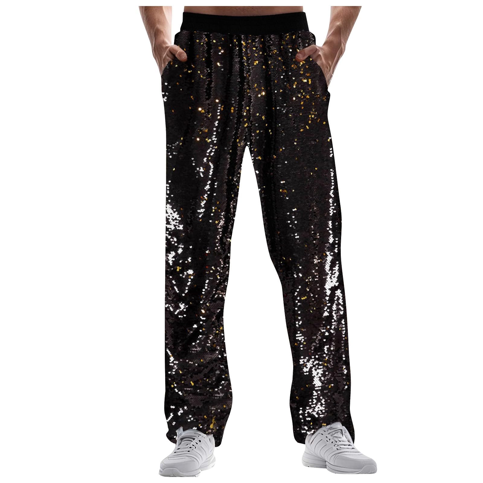 Pantalon de survêtement à paillettes métallisé brillant pour homme années 70/80 avec jambes larges, jambes droites, club, fête, festival, bal de fin d'année, streetwear