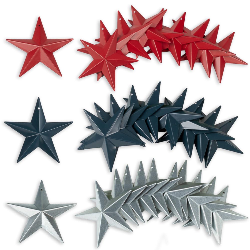 Factory Direct Craft Pack of 36 Painted Red, Navy and Galvanized Metal Dimensional Barn Stars with Holes - Mini Stars for Crafts and Decorations (Size-3-1/2 Inches Dia)