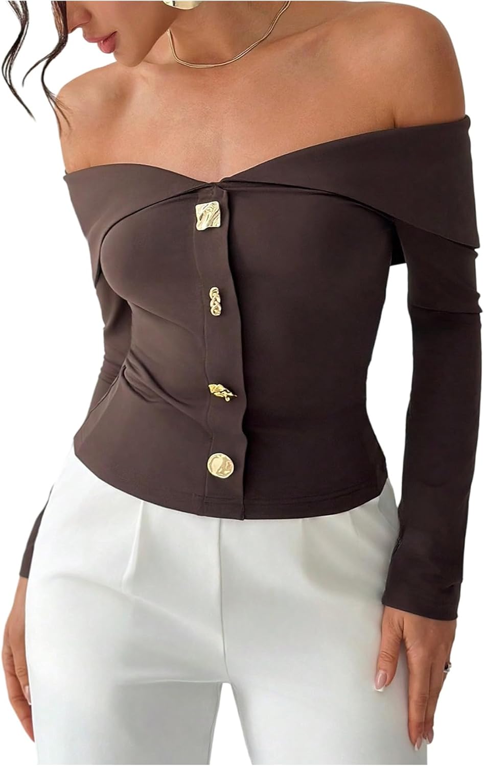 WDIRARA Women's Off The Shoulder T Shirts Metal Button Long Sleeve Tee Going Out Top