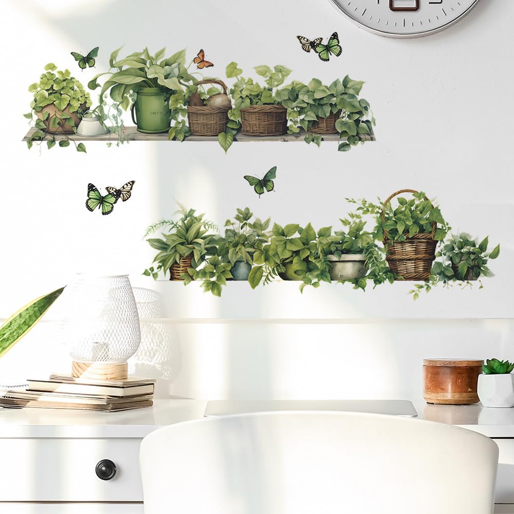Photo 1 of Green Plant Wall Decals 3D Bonsai Tropical Plant Betterfly Wall Sticker Creative Vinyl Peel and Stick Removable Wall Art Decor for Living Room Bedroom Home Office
