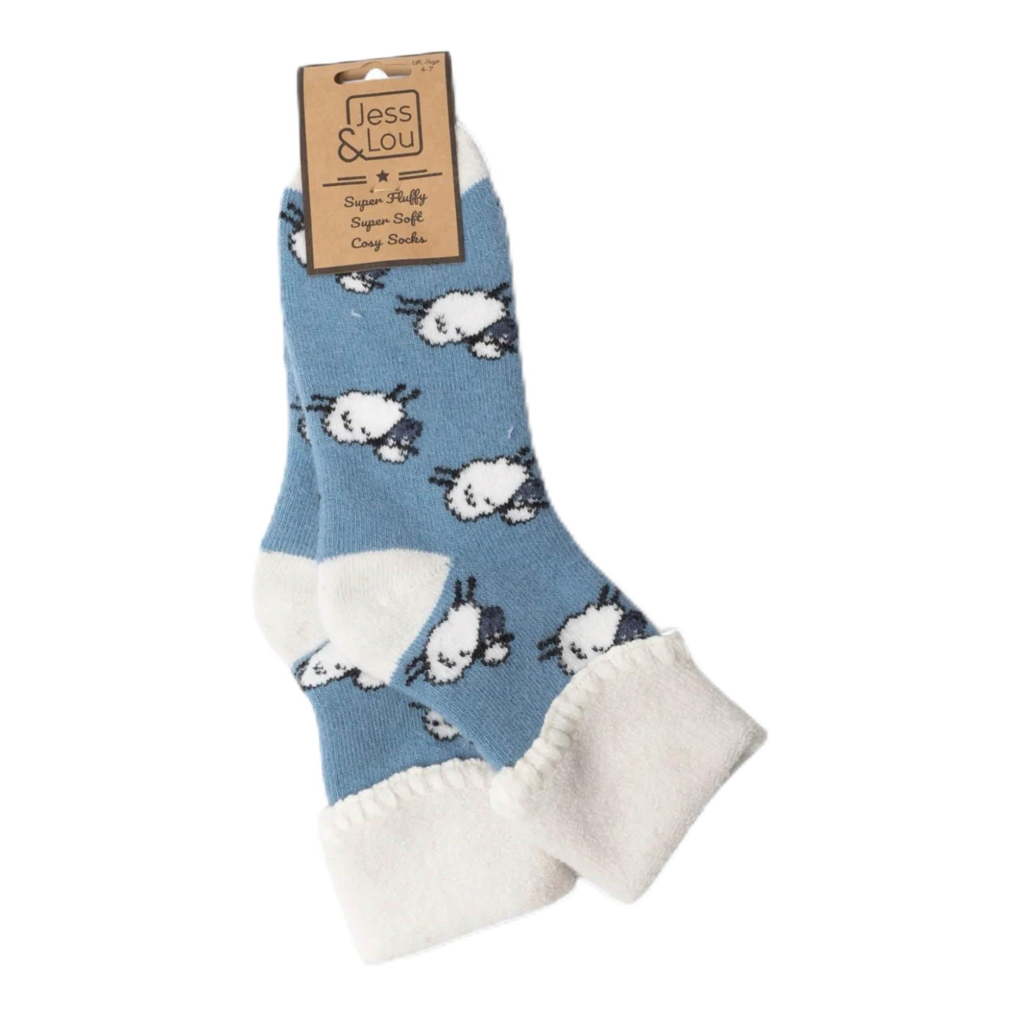 Jess & Lou Women's Blue Socks - Cosy Cuffs - Sheep