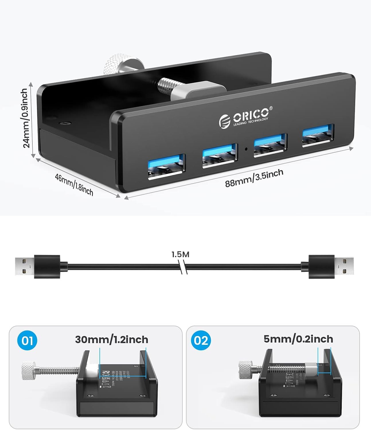 ORICO Hub USB 3.0, zacisk koncentratora USB, aluminiowy 4-portowy rozdzielacz USB z kablem do transmisji danych USB 4,92 FT, zasilany biurkiem koncentrator USB do monitorów/biurka, czarny (bez