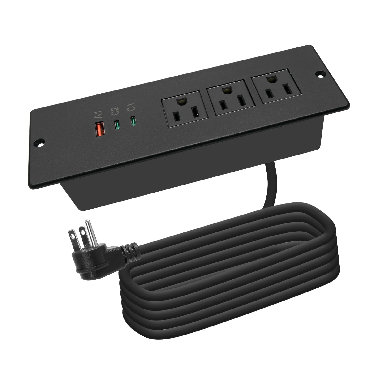 65W USB C Recessed Power Strip, Fast Charge Flush Mount Desk Outlet 3 AC Outlets 3 USB Ports 6.56ft Heavy Duty Power Cord Flat Plug Built in Desktop Charging Station for Furniture Black
