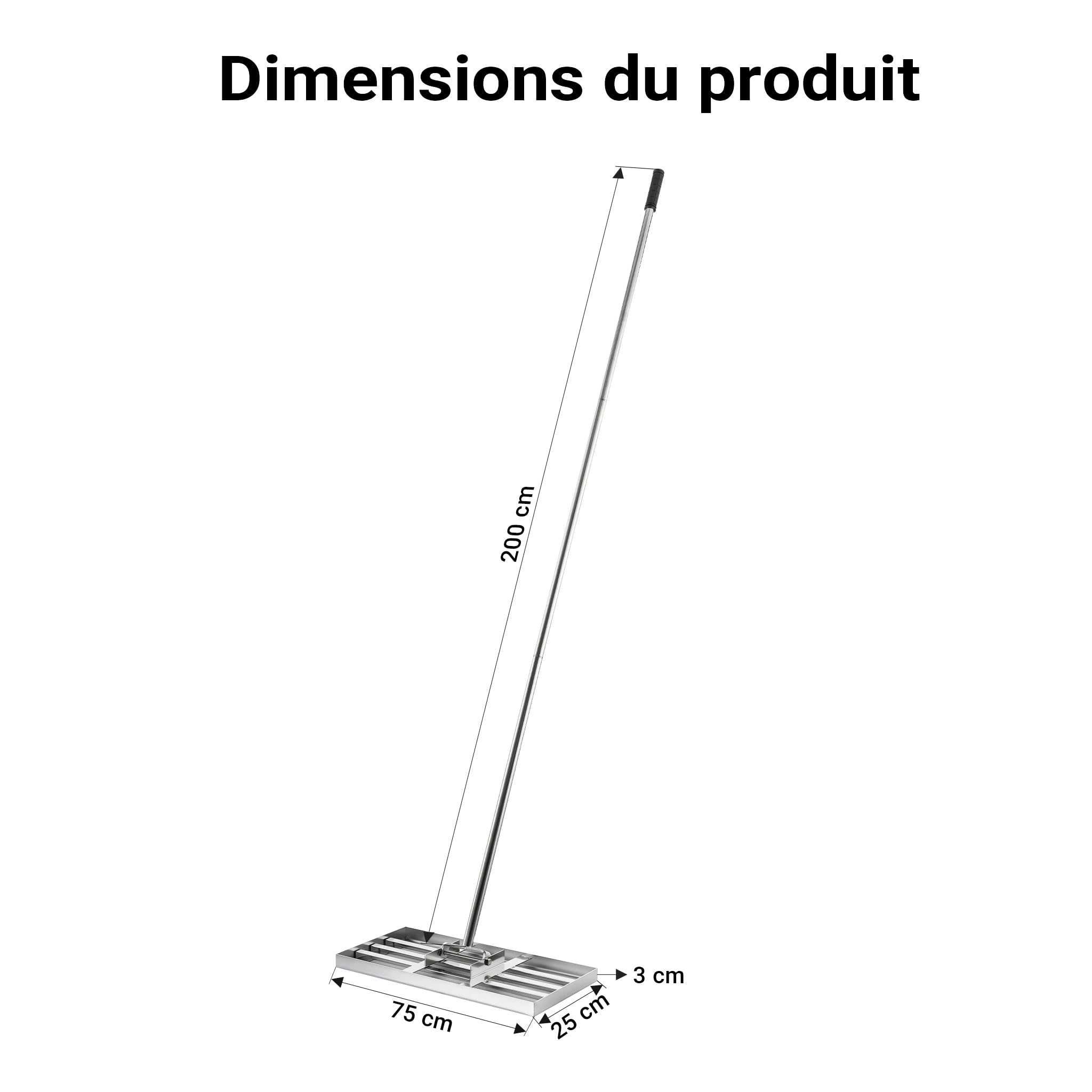 Wiltec Raclette de Gazon Taille M – 750 x 250 x 2000 mm – en Acier INOX – avec Manche 2 m – Grattoir de Jardin Râteau niveleur pour Sabler et Niveler