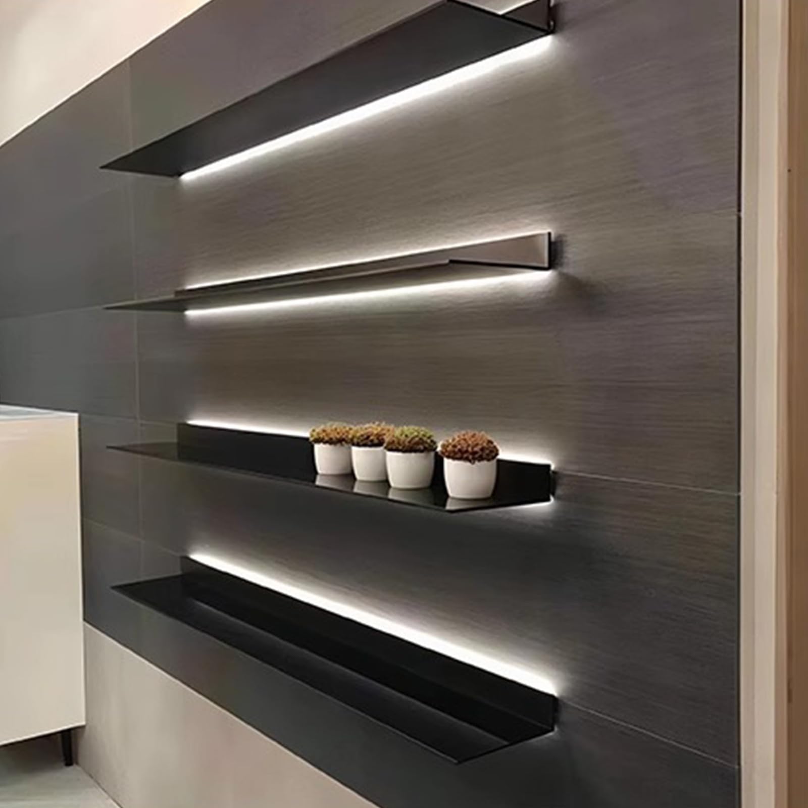 Étagère murale suspendue lumineuse noire 80cm pour rangement salon, chambre et cuisine (lot de 3)