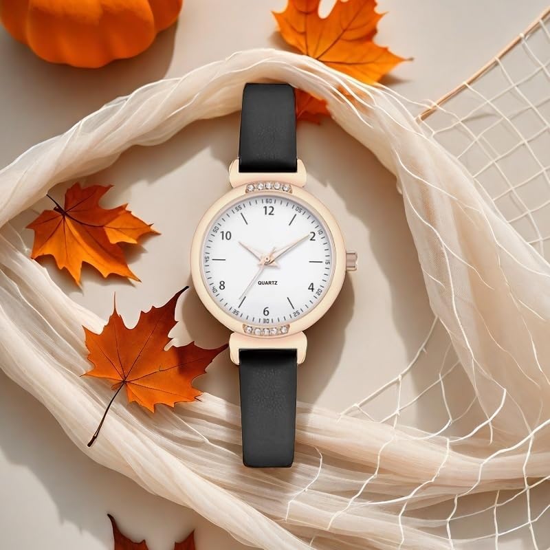 NUOVO Women's Watch - Black & White Diamond Watch with Arabic Numerals, Waterproof & Casual Style, Leather Strap - Image 4