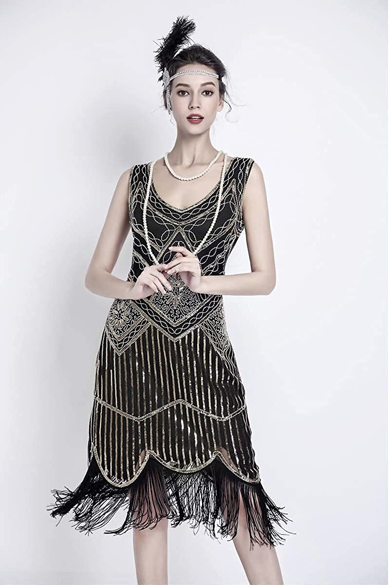 MIMIKRY Robe Charleston à paillettes pour femme Noir/doré