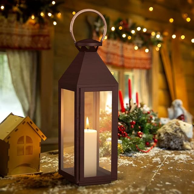 INMOZATA Decorative Lantern Copper Metal Candle Lantern Glass Garden Floor Lantern Tealight Holder for Wedding Indoor Outdoor (18X19X53cm)