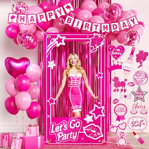 Birthday Decorations for Women,Happy Birthday Banner, 35 Balloons,Photo Booth Props for Girls (Hot Pink)