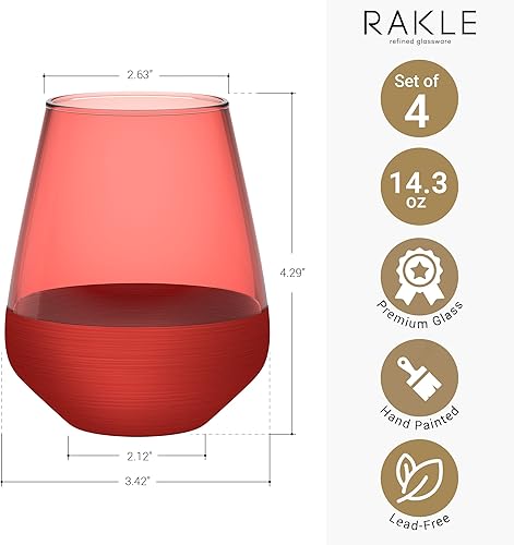 Miniatura 2 de RAKLE Copas de vino sin tallo  Juego de 4 copas de vino de color rojo  Copas de vino coloridas de 14.3 onzas  Copa de alta calidad sin plomo  Copas