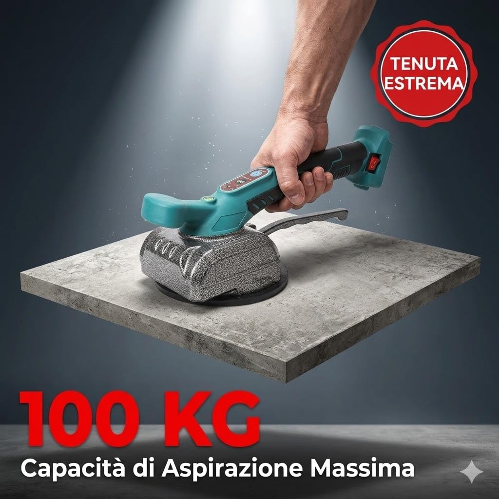 Piastrellatrice Vibrante per Piastrelle — Ventosa Elettrica Professionale 28.000 Vib/min, 5 Velocità, Portata 100 kg, 2 Batterie Litio, Livella Integrata — Kit Completo Dealix per Pavimenti e Pareti
