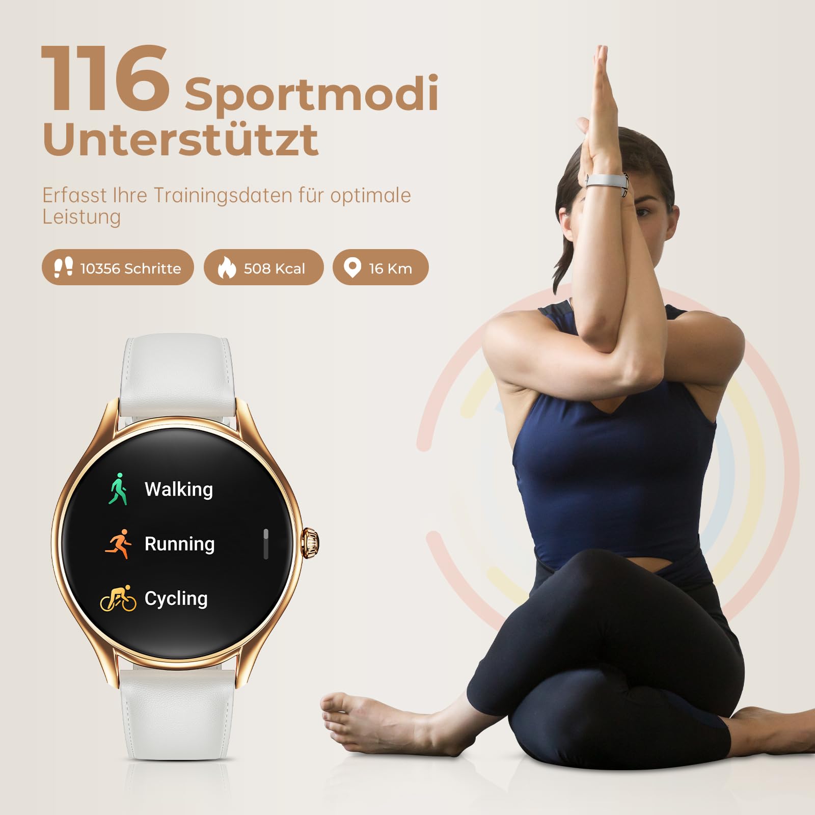 Smartwatch Damen mit 1,43" AMOLED Touchscreen, Fitnessuhr mit Schrittzähler 120+ Sportmodi IP68 Wasserdicht Puls/SpO2/Menstruationszyklus/Schlafmonitor für iOS und Android, Roségold Weiß