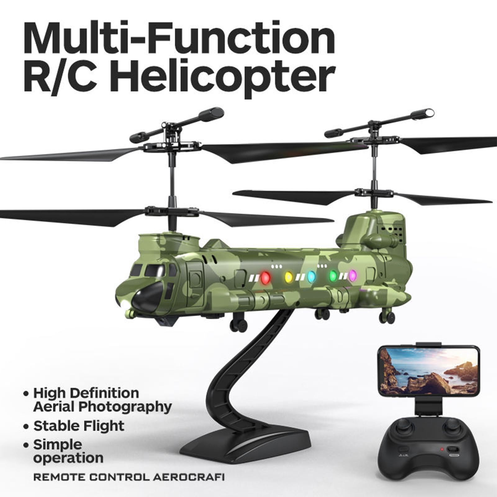 Elicottero RC da 2,4 GHz con Telecamera HD, Luci a LED per il Mantenimento Dell'altitudine per la Fotografia Aerea, Volo Indoor e Outdoor