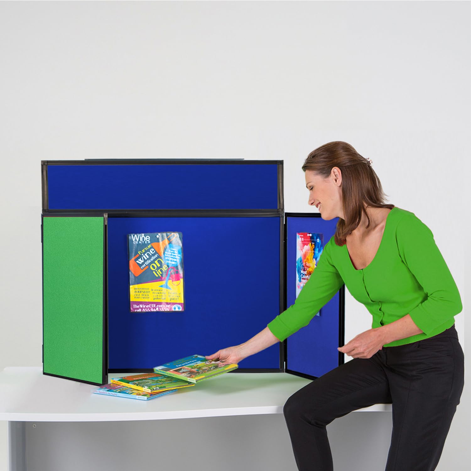 Exhibition Display Panel Kit with a Clip on Header | Double-Sided Quince Green/Royal Blue with Black PVC Frame | (Landscape) -Ideal for Table or Desk top displays | Great for Healthcare & Education
