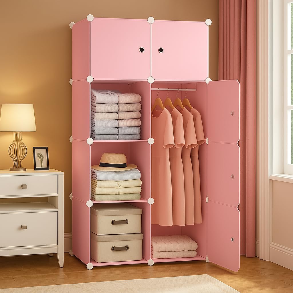 Sunderlook Plastic Wardrobe for Kids Clothes – Professional Collapsible Wardrobe, Easy to Use Foldable Almirah, Plastic Cupboard for Kids for Home (Pink-X3, 8 Door)