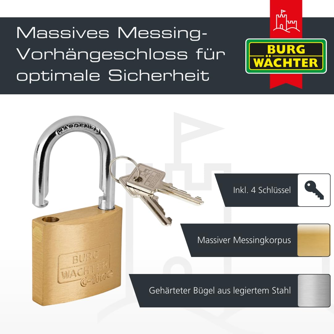 BURG-WÄCHTER 4er-Set Vorhängeschloss mit Schlüssel, Gleichschließend, Vorhangschloss, 6 mm Bügelstärke, Stahlbügel, 4 Schlüssel, Quadro 222 40
