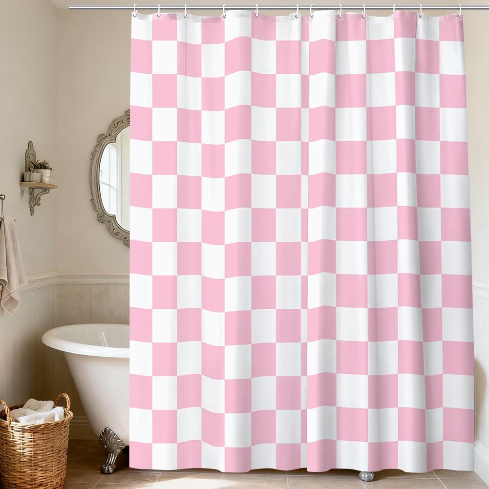 AUYAO Zasłona prysznicowa w stylu retro, wzór w kratkę, 180 x 200 cm, wodoszczelna, odporna na pleśń, z 12 haczykami, styl vintage, różowo-biała