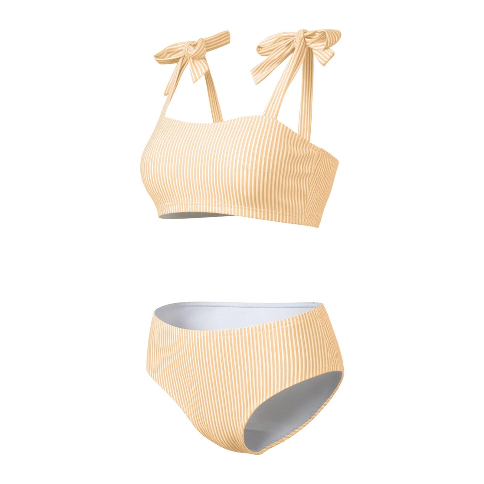 Maillots de Bain Femme Deux Pièces, Imprimé Rayures Verticales Push Up Rembourré Haut à Nœud Ajustables Chic Taille Haute Bikini Set Col V Élégant Bretelles Réglables Été Ensemble Swimwear