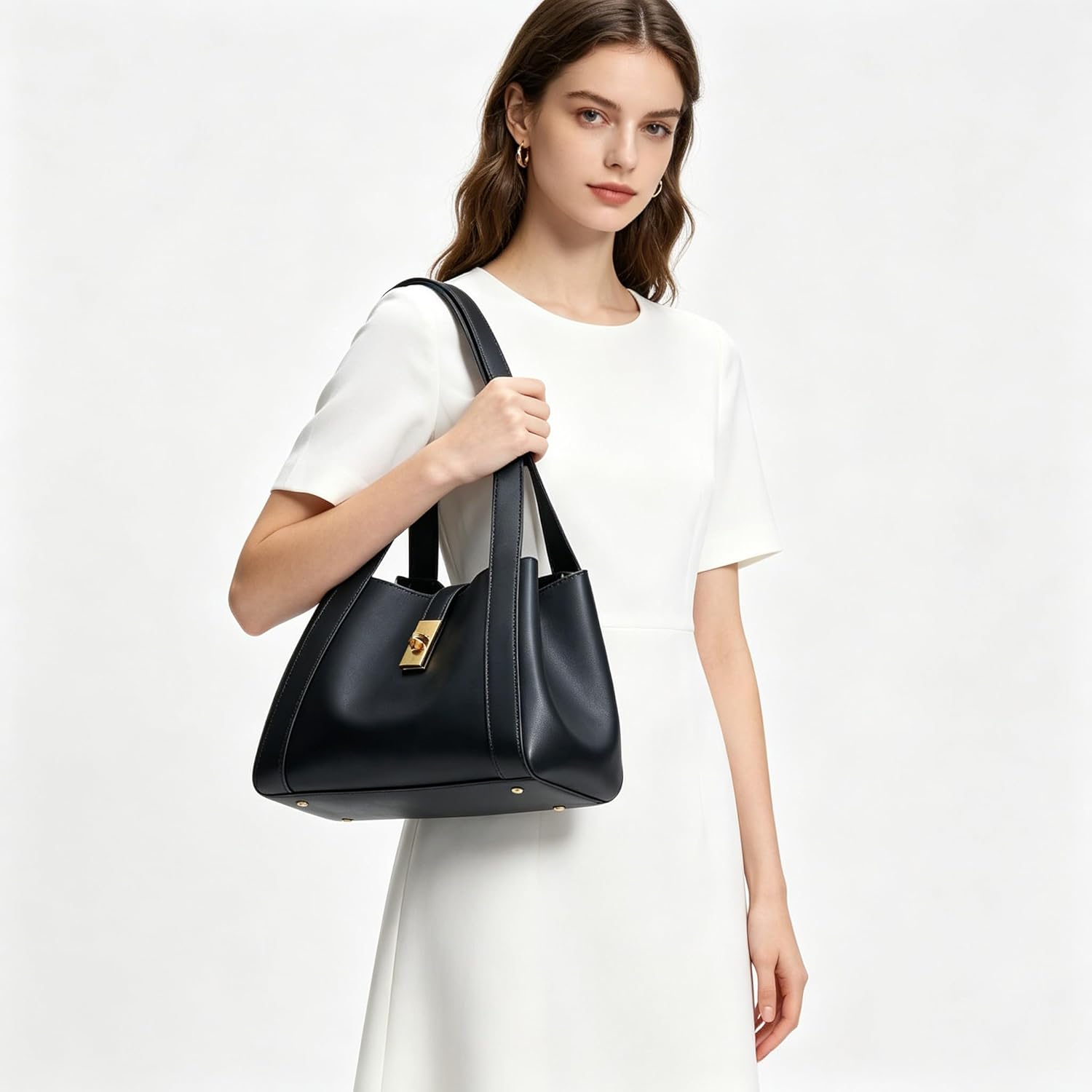 Women's Genuine Leather Bucket Tote Bag, Small Top Handle Satchel with Gold-Tone Lock, Versatile Handbag for Work.