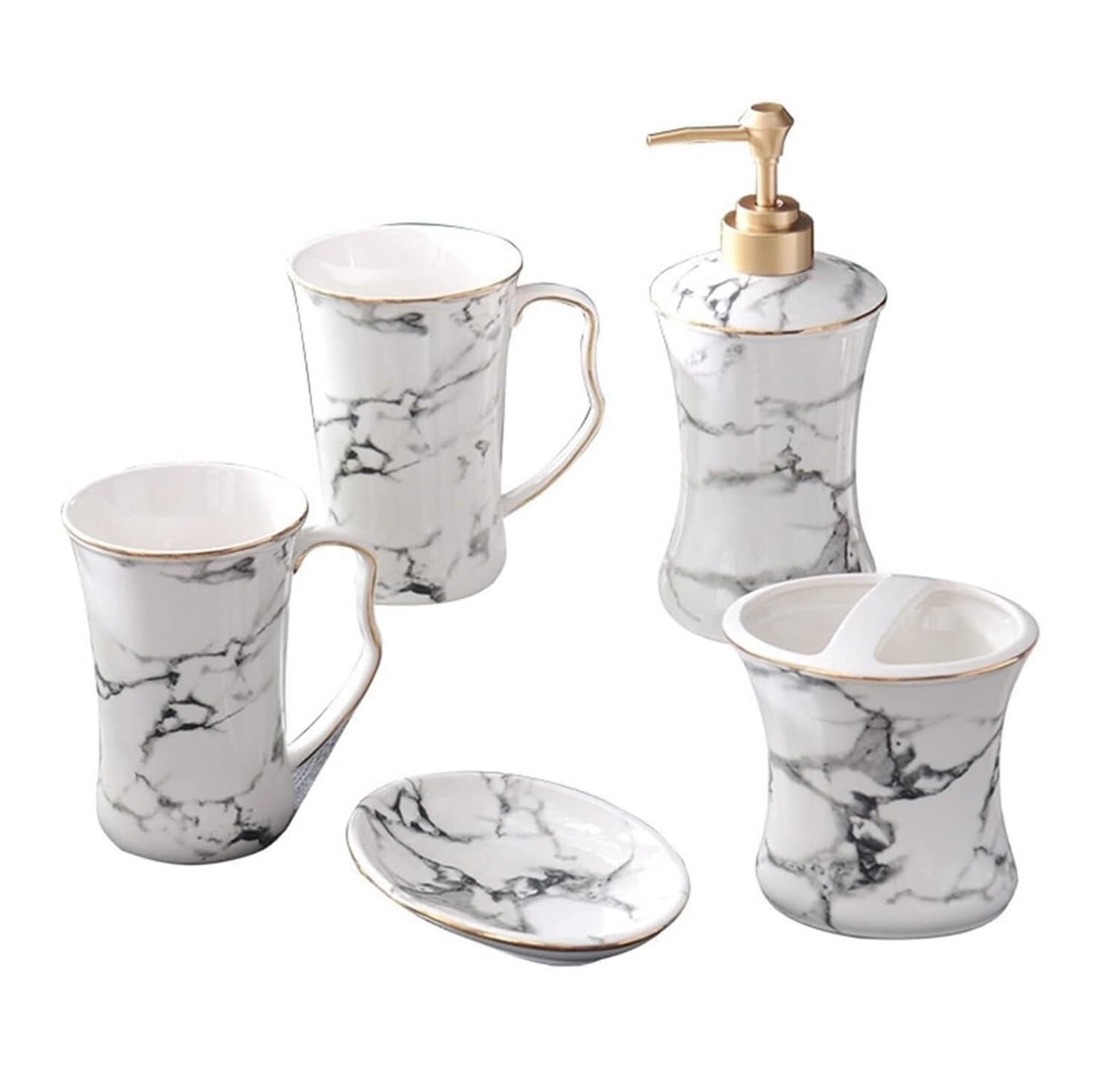 Set di accessori per il bagno Dispenser di sapone da cucina in ceramica con motivo in marmo bianco, 5 pezzi Arredamento per gli affittuari