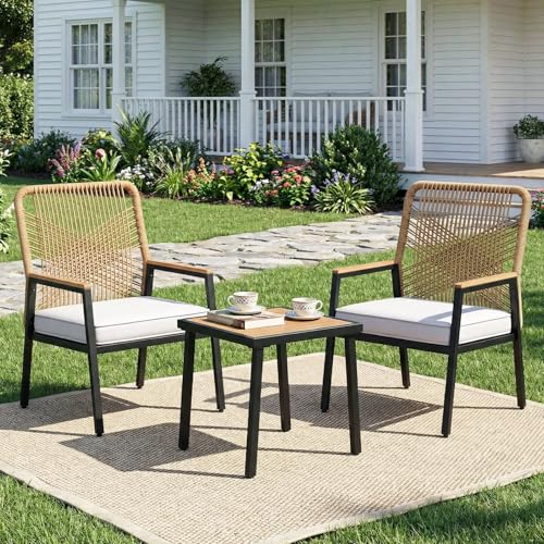 LIFERUN Lot de 3 chaises de jardin en osier - Chaises de balcon en métal et rotin - Avec coussin...