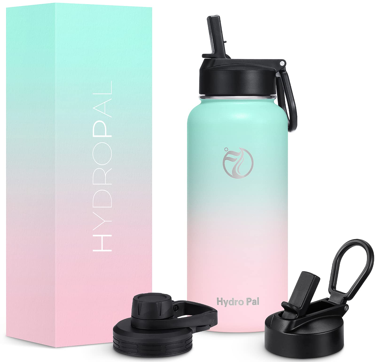 HydroPal Edelstahl Trinkflasche - 750ml/ 1L/1.2L/1.9L, BPA-Frei, Kohlensäure geeignet, Isolierte flasche mit Strohhalm & 2 Deckel