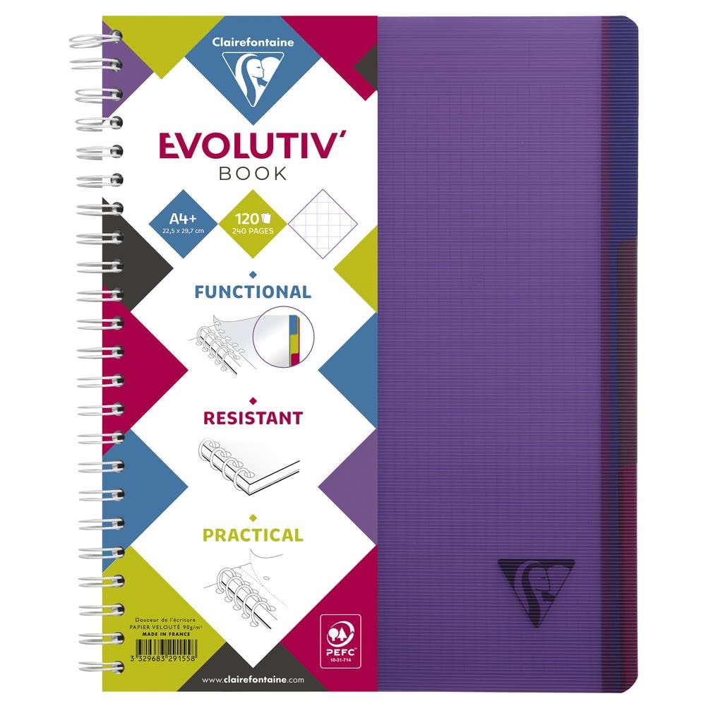 Clairefontaine Lot de 5 Cahiers spiralé Evolutiv'Book 240 p perfo 4 trous 23,5x29,7cm 5x5 - Intercalaires