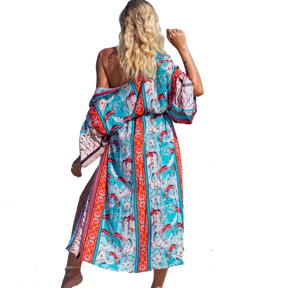 XIVISTO Vestido de Playa Cárdigan Largo Kimono para Mujer Verano Bohemio Pareos Bikini Cover Up