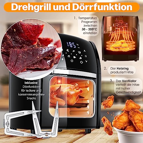 KESSER® XXL Airfryer 9in1 Heißluftfritteuse Fritteuse, | Drehgrill | Dörrautomat | Rezeptheft | Grillspieß | 1800 Watt | fettfrei grillen ohne Öl | 8 Programme | inkl. Zubehör Schwarz – Bild 7
