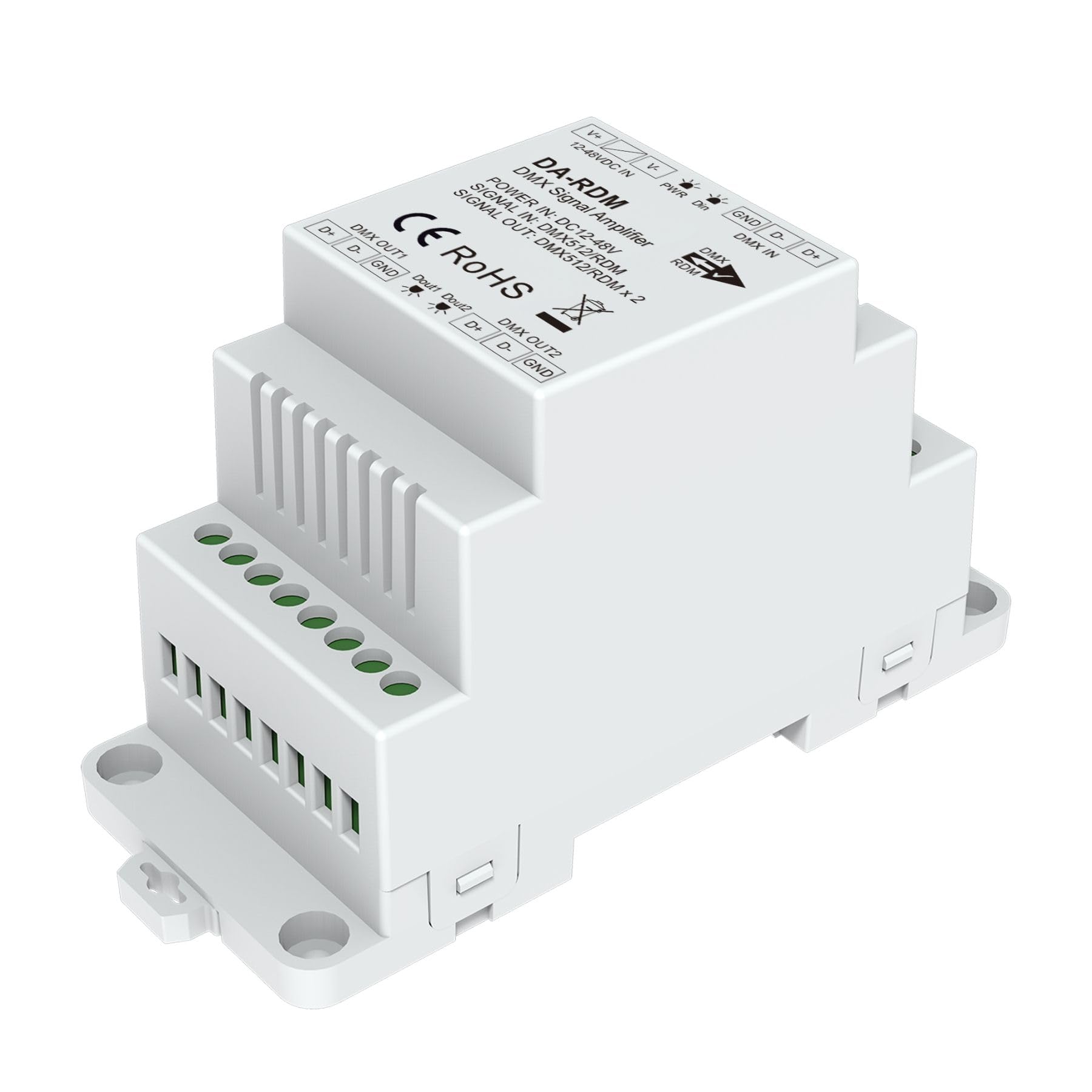 Amplificateur de signal DMX512 RDM, 1 entrée 2 sorties, isolation optique, alimentation 12-48 V DC, répéteur et distributeur de signal DMX, guide DIN, DA-RDM