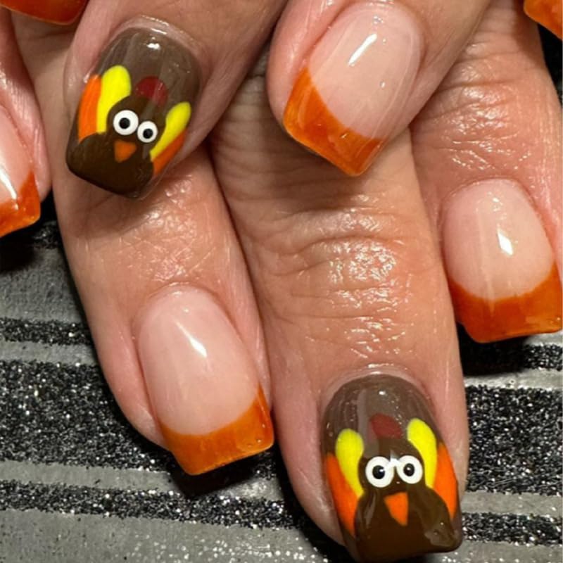 Thanksgiving Press on Nails Turkey Orange French False Nails