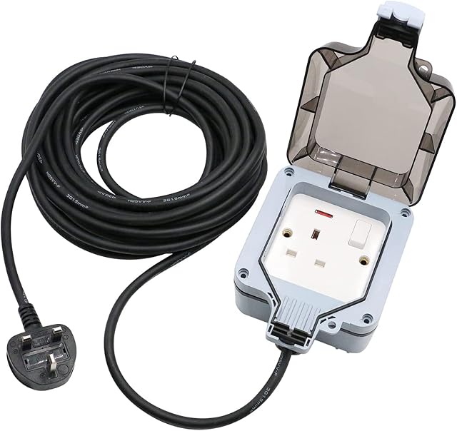 15M Outdoor Waterproof Extension Lead Long Extension Cord IP66 Waterproof Extension Cable 1 Gang Garden Extension Lead Outside Use Single Switched Weatherproof Outdoor Sockets