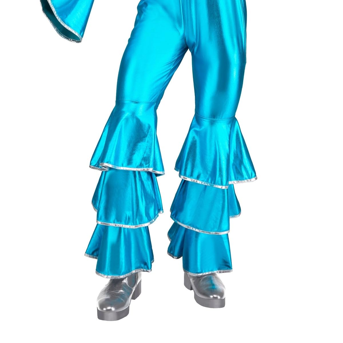 My Other Me - Disfraz Disco Hombre. Incluye mono azul brillante con mangas y pantalones acampanados decorados con volantes y ribetes y detalles en plateado. Brilla con estilo.