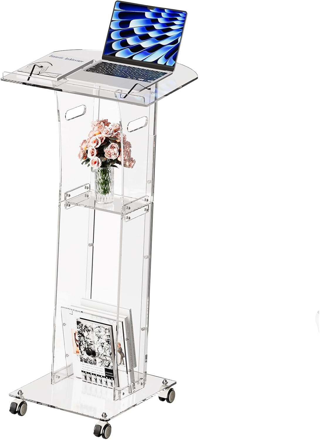 Acrylic Podium Stand?49“ Tall Portable Podium with Lockable Wheels, Clear lecterns & Podium with Storage Shelf for Classroom, Pulpit Podium for Church,Wedding,Presentation 49" Tall Transparent