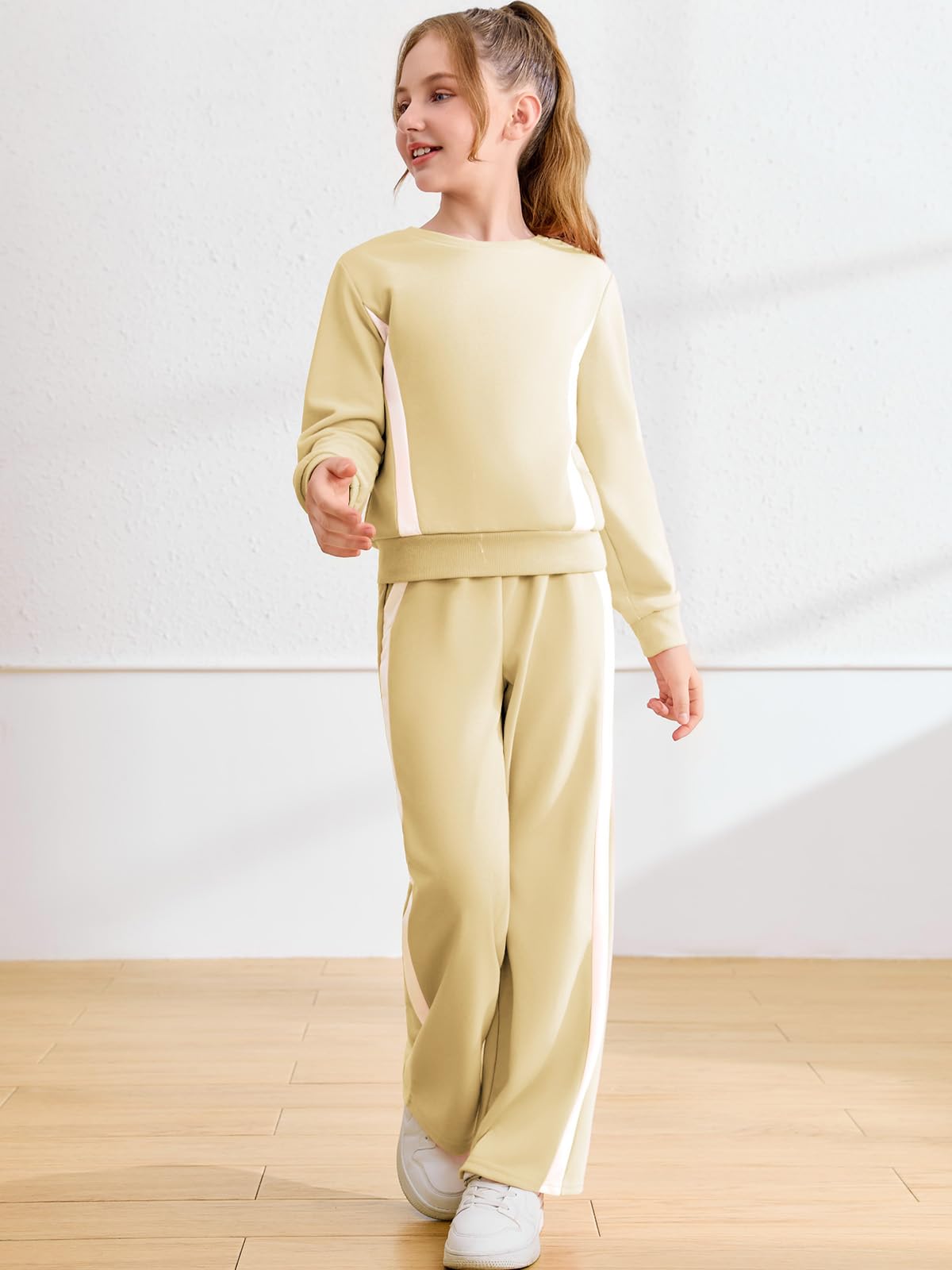Haloumoning Completo autunnale per ragazze, 2 pezzi, felpa a blocchi di colore e pantaloni della tuta elastici a gamba larga, 5-14 anni