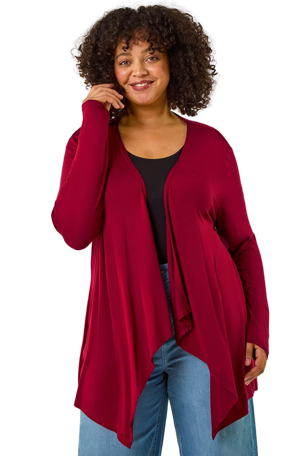 Roman Originals Women's Burgundy Plus Roman Curve Waterfall Front Jersey Cardigan - Spring Everyday Summer Evening Vacation Work Holiday Long Sleeve Smart Casual - Size 2224