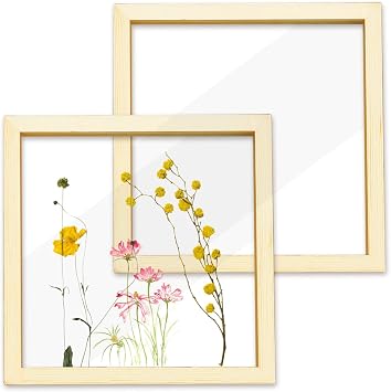 Yitexin 2 Pieces 7.8" x 7.8" Wooden Dried Pressed Flower Frames, Clear Double Acrylic Photo Picture Frames, Floating Pressed Flower Shadow Box Display for Plant Specimen Tabletop & Wall Decor 20x20