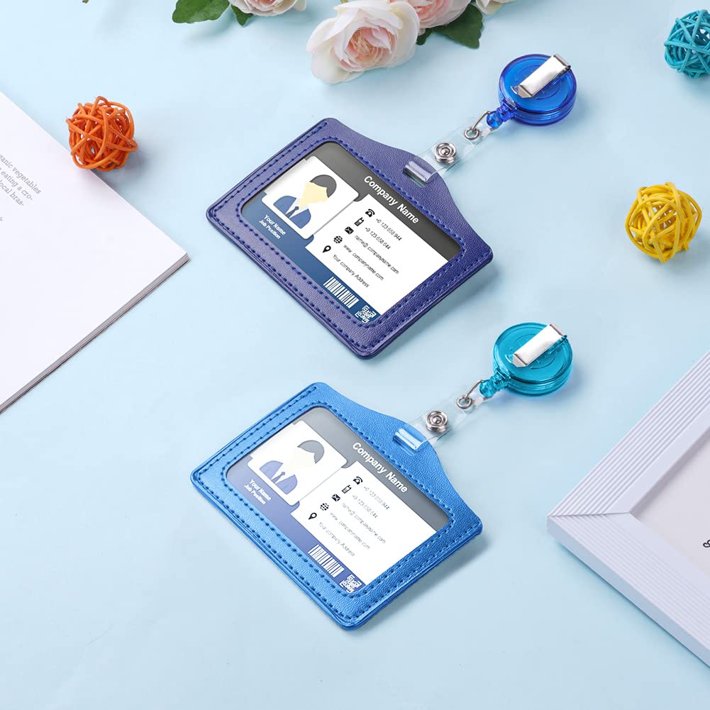 Vicloon Porta Badge, 2pcs Porta Badge Identificativo, PU Colorato Orizzontale Retrattile in Pelle con Clip per Ufficio, Carta Identità, Pass Bus (Azzurro & Blu Scuro)