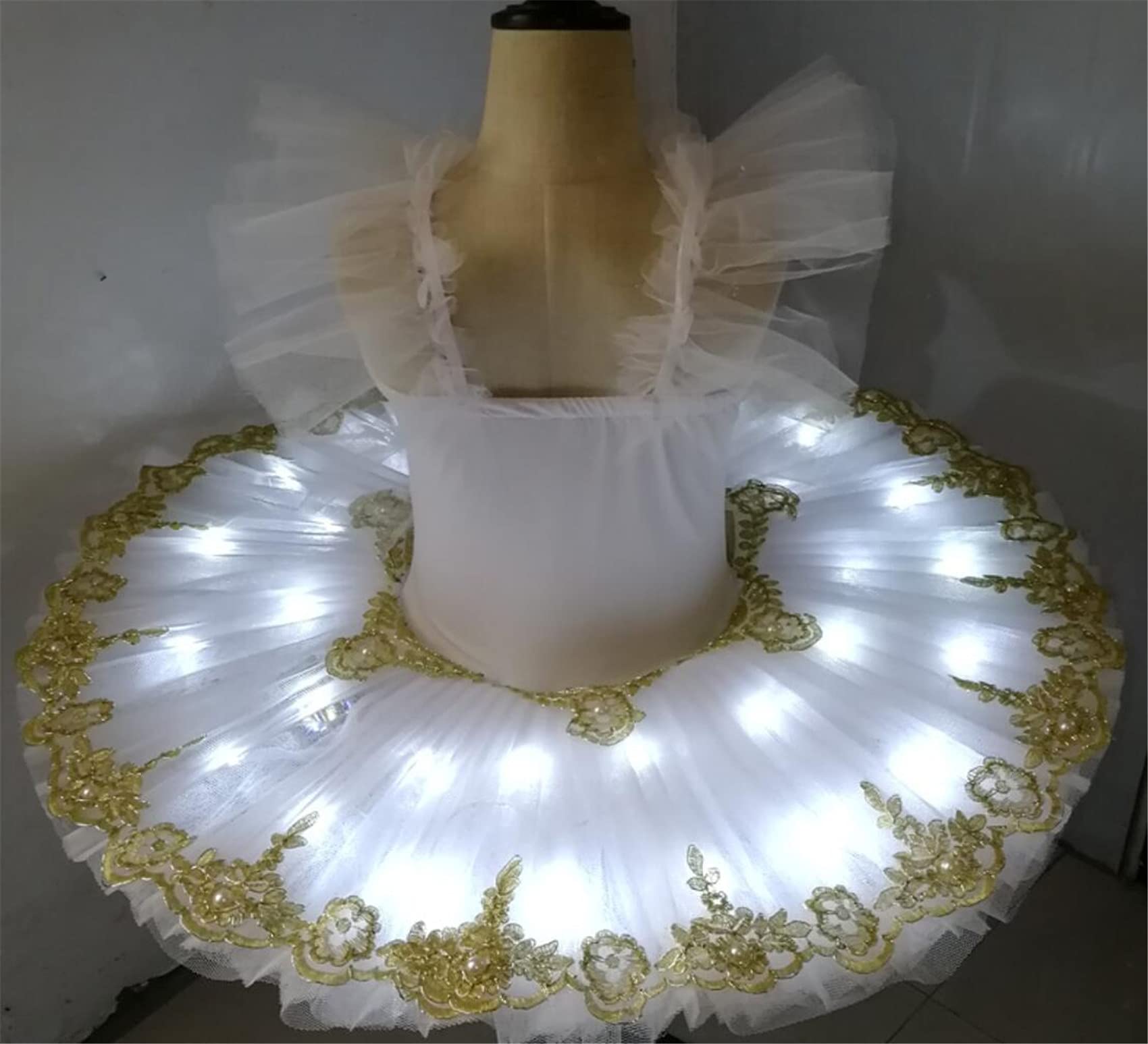 OTMYIGO Tutus de Ballet Profesional LED Lago de los Cisnes Ropa de Danza Tutu Falda Bailarina Vestido para Niñas Vestido de Fiesta,Blanco,130CM